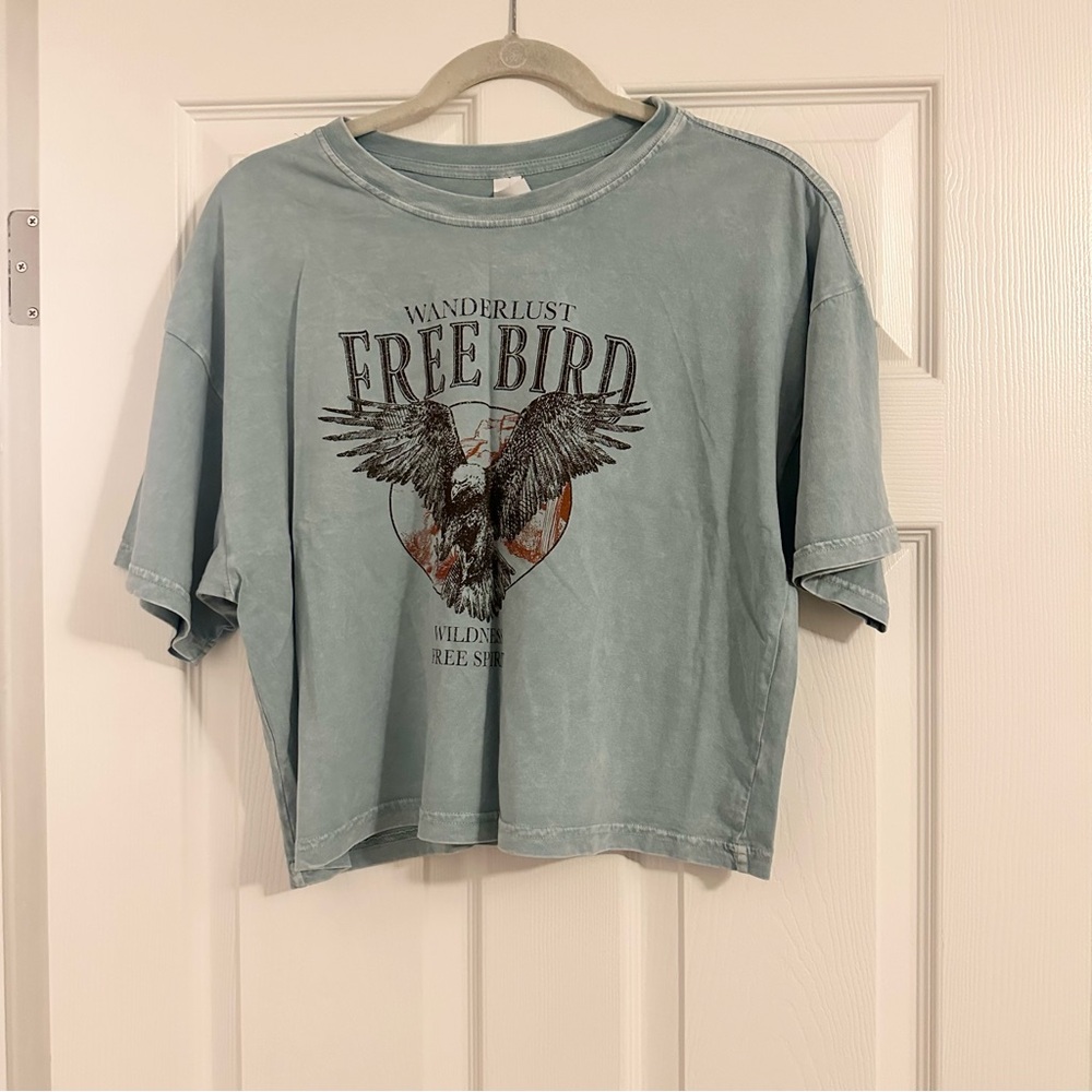 Wanderlust Free Bird Graphic Crop Tee - Light Blue
